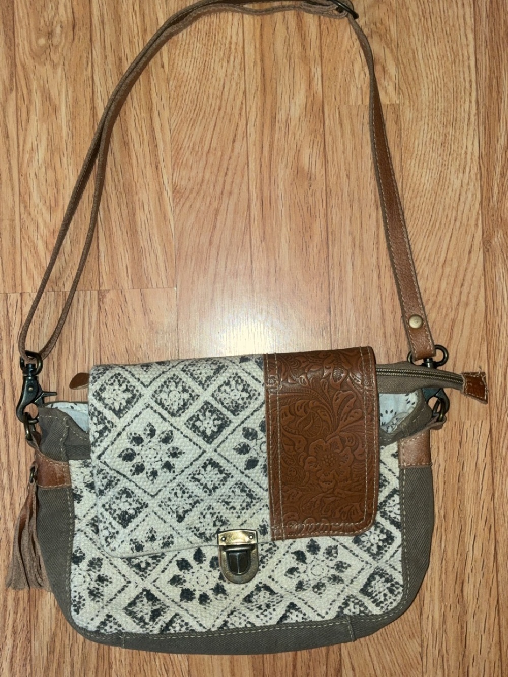 Myra Bag Gray and Brown Embossed Leather Flap Crossbody
